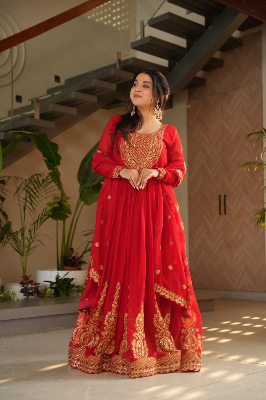 Women's Radiant Red Anarkali Suit Set with Golden Zari & Sequin Embroidery – Perfect for Festive & Wedding Occasions - Image 6